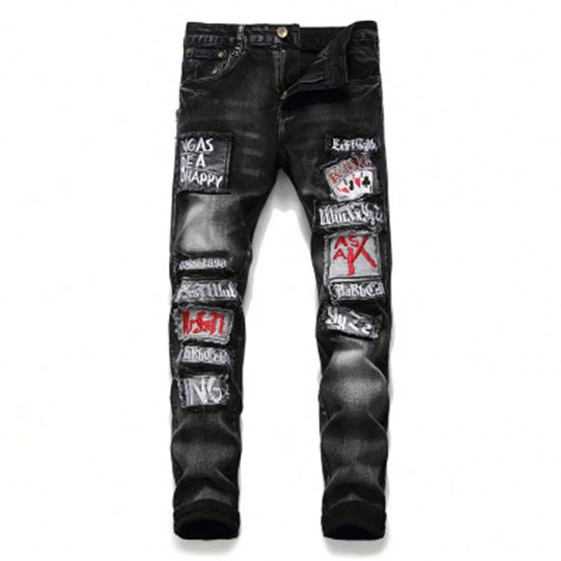 

Jhcentury Men's new Fashion casual Personality Embroidered Beggar Jeans Street Hip Hop Ripped Slim Men's Denim Pants, Customized color