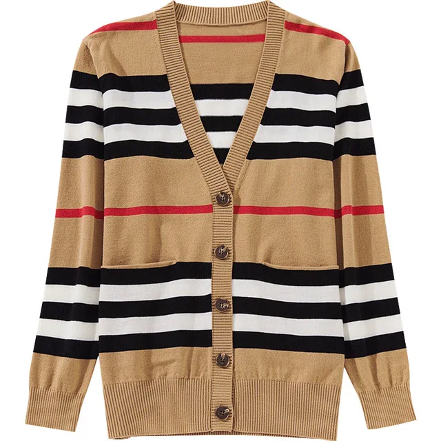 

Autumn winter Fashion Women Classic stripe V neck knitted Button Up cardigan casual sweater