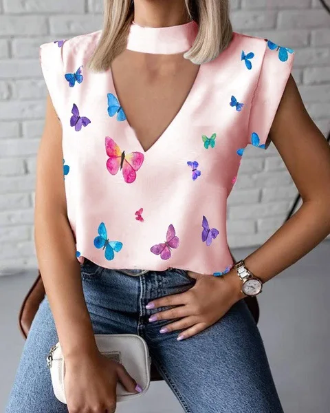 

2021 Wholesales Woman's Blouses Shirts Butterfly V-Neck Short Sleeve Ladies Shirts femme women blouses
