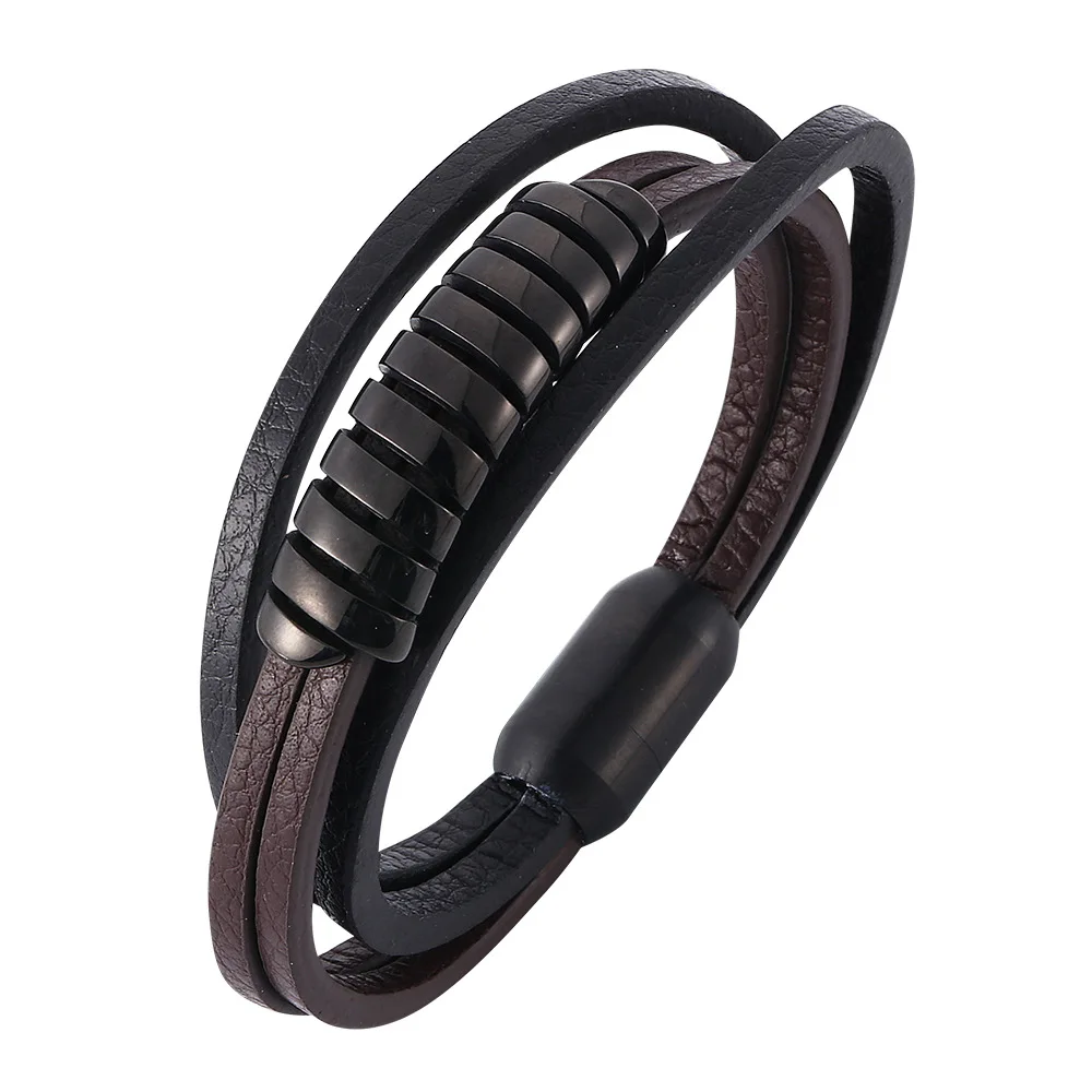 

Fashion Boy Wristband Jewelry Four Layers Stainless Steel Magnetic Clasp Men Leather Bracelet 2021