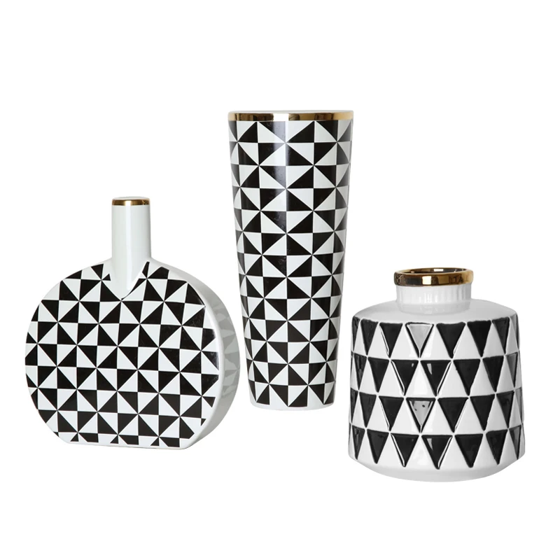 

Minimalist Porcelain Black and White Grid Ceramic Table Centerpiece Flower Vase Geometric Artificial Vase, Black & white