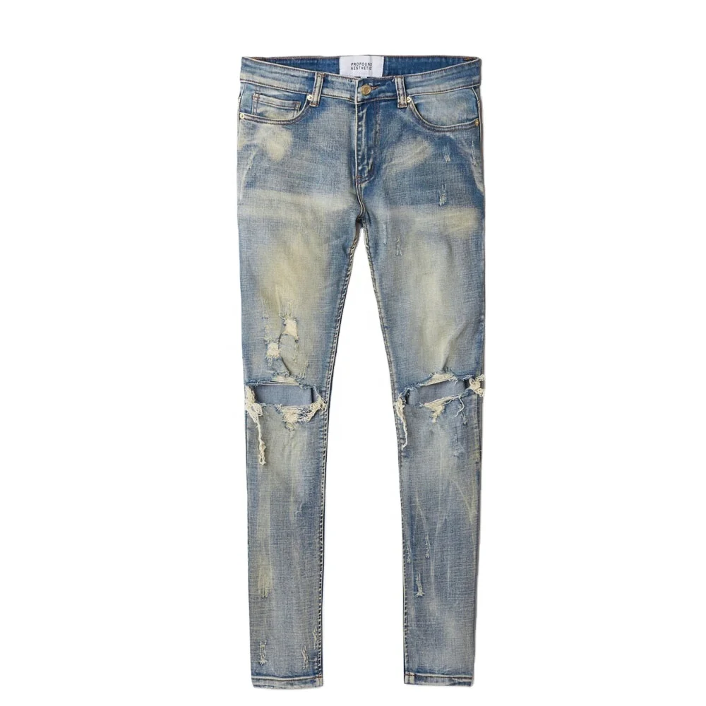 

DiZNEW OEM/ODM Enzyme Washed Cotton Slim Fit Knee Ripped Distressed Denim Jeans men, Customized color