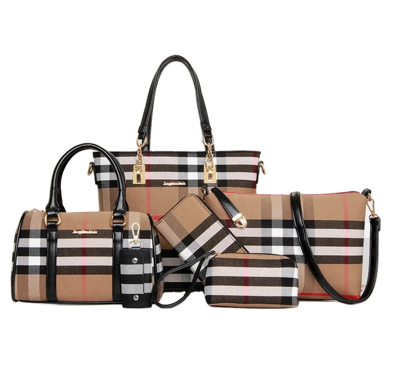 

2021 6pcs famous brand large handbags ladies fashion replicate luxury leather purses plaid handbags set for women, 3 colors