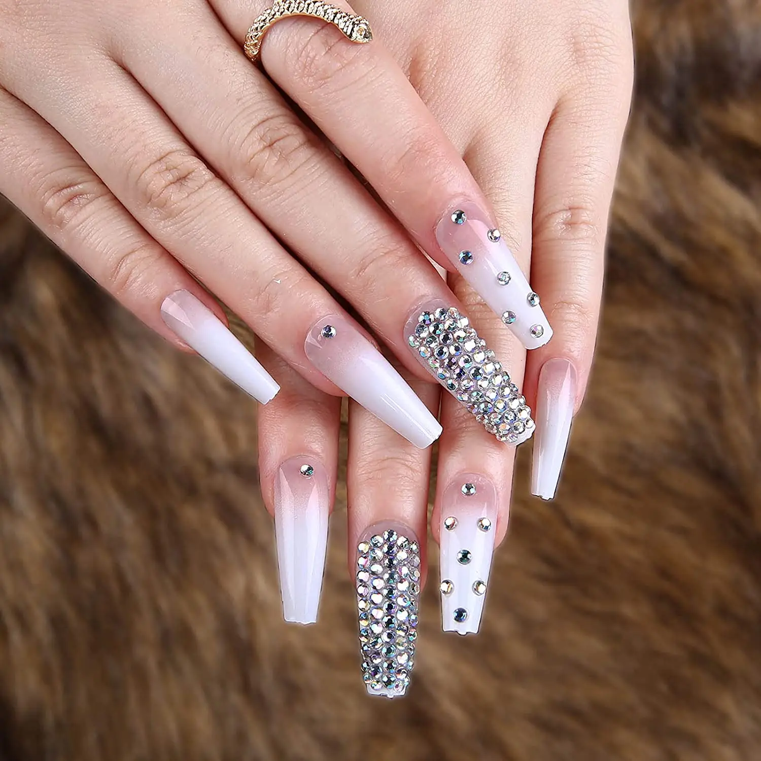 

2021 luxury 24pcs pre designed acrylic artificial fake nail bling glossy mixed crystal extra long stiletto coffin press on nails