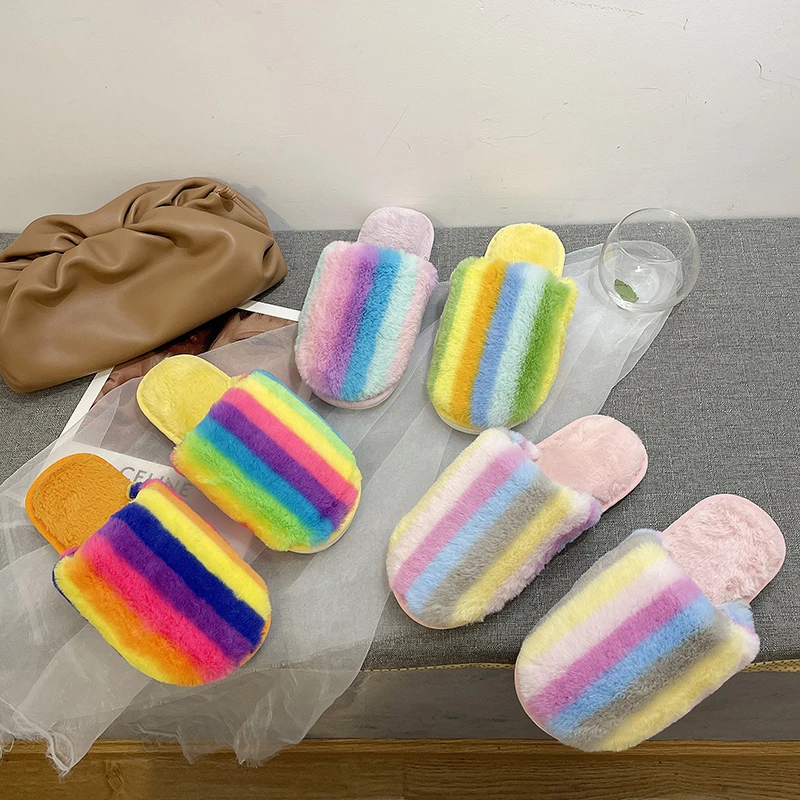 

Colorful Fashion Indoor House Women Faux Fur Slipper Bedroom Winter Warm Rainbow Slippers