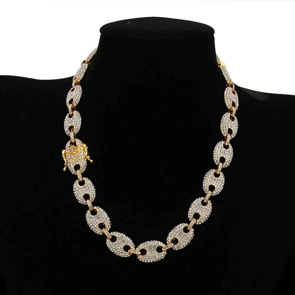 Personalized Hips Hops gold filled chain Jewelry 24k Gold Iced Out  Crystal Coffee Bean Link Chain Necklace for men