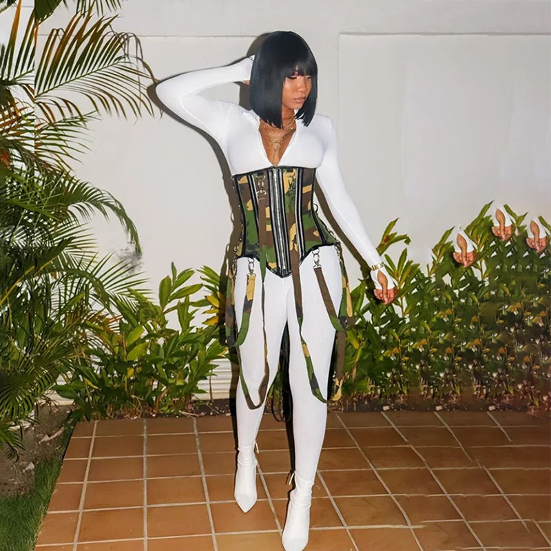 

M9525 Lucky label ribbed jumpsuit with corset two piece set long sleeve sexy bodysuits fashion bodycon fitness corset jumpsuit