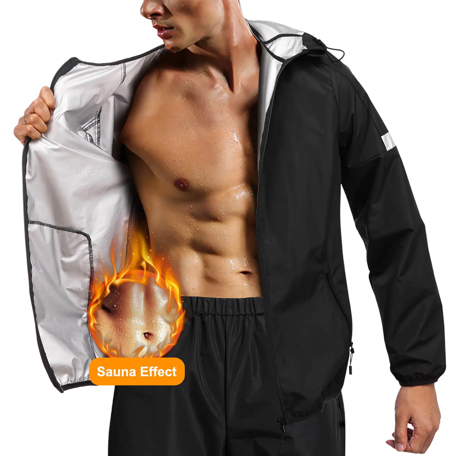 

Reflective Stripe Front Zipper Fat Burn Bodybuilding Coat Speed Up Sweating Hot Sauna Jacket Weight Loss Sauna Suits For Men