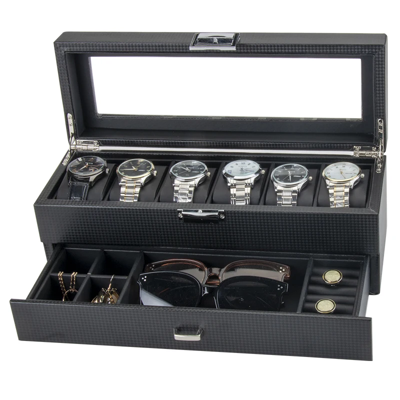 

Hot Selling Spot Wholesale Carbon Fiber Pu Leather Double Layer 6 Watch Jewelry Multi-Function Storage Box Watch Jewelry Box