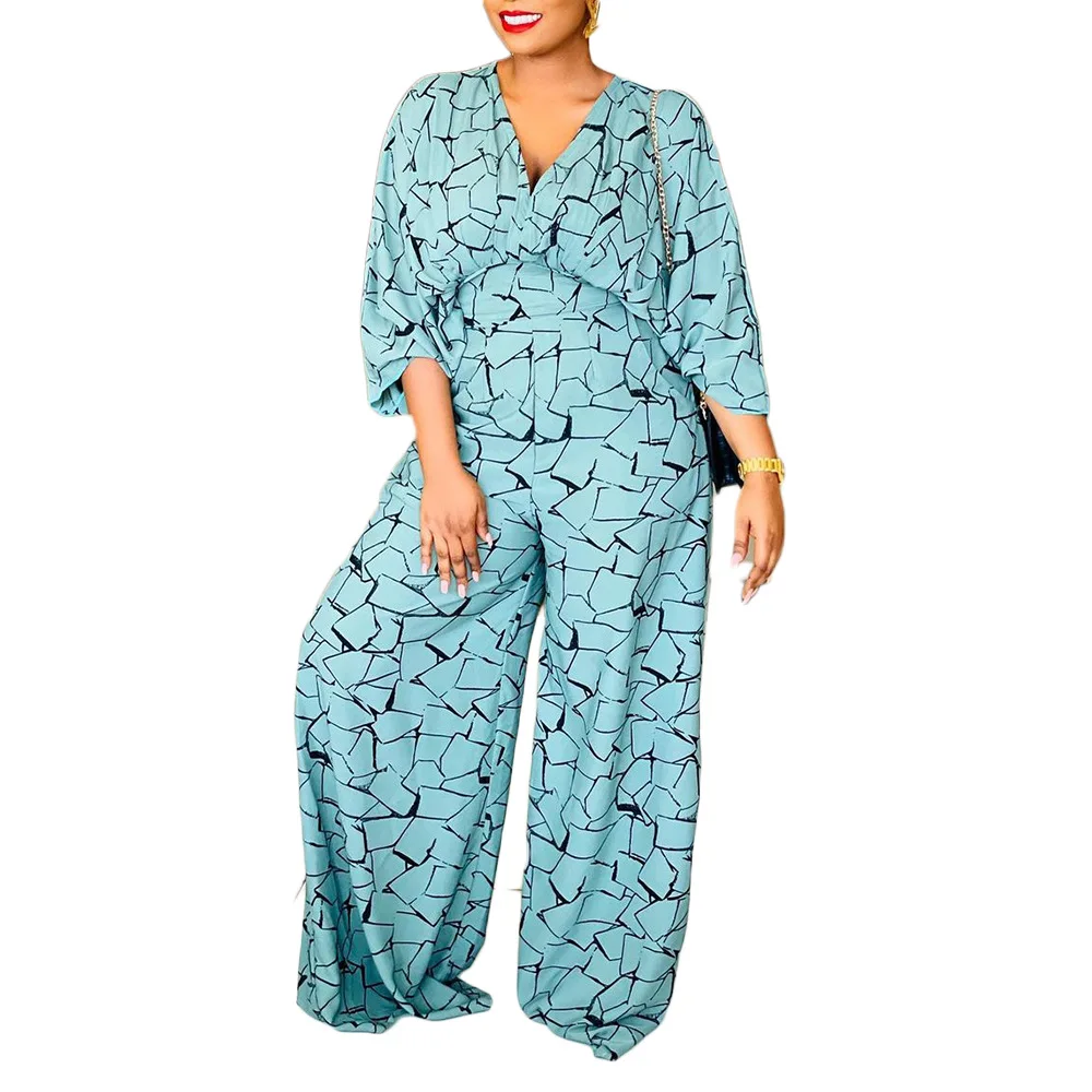 

2021 Europe&American summer new arrival women fashion printed plus size V neck jumpsuit casual long wide pants bodysuit, Color