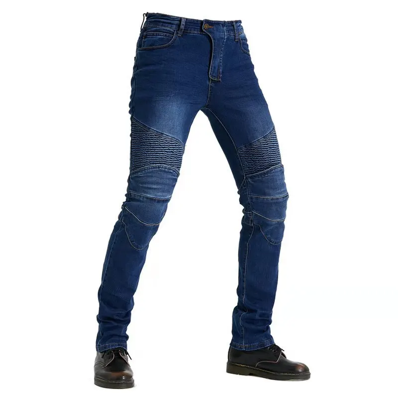 

Cool fashion motorcycle riding jeans pant comfortable Men plus size motorbike road riding denim pants with detachable knee pads, Black/blue