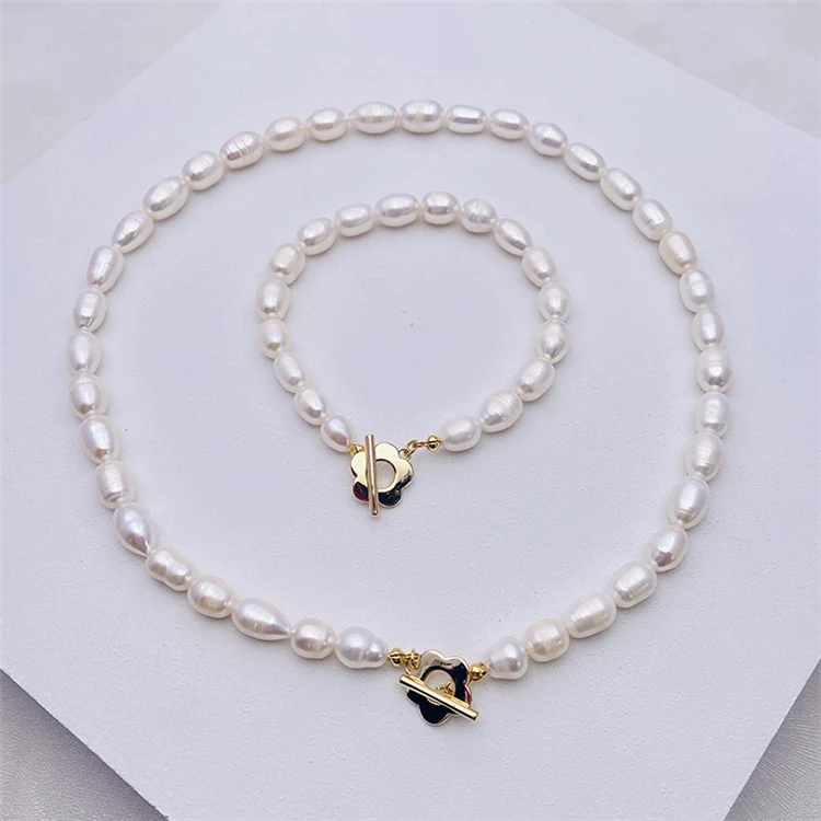 

Aimgal Natural pearl flower necklace women's long clavicle chain fashion pearl bracelet jewelry set