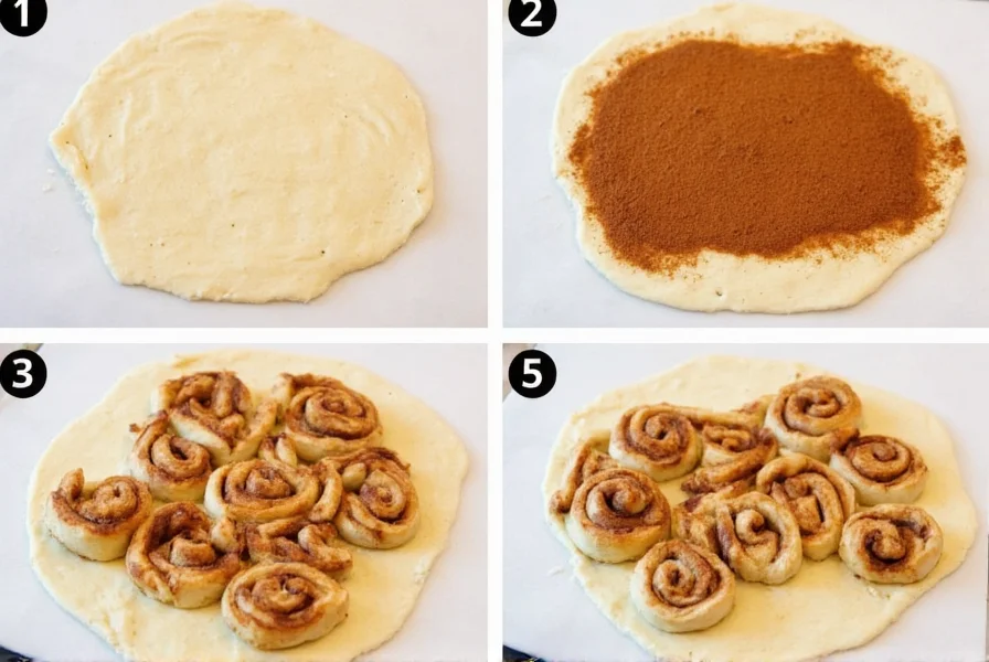 Step-by-step preparation of sticky cinnamon scrolls showing dough rolling, cinnamon sugar application, and slicing technique