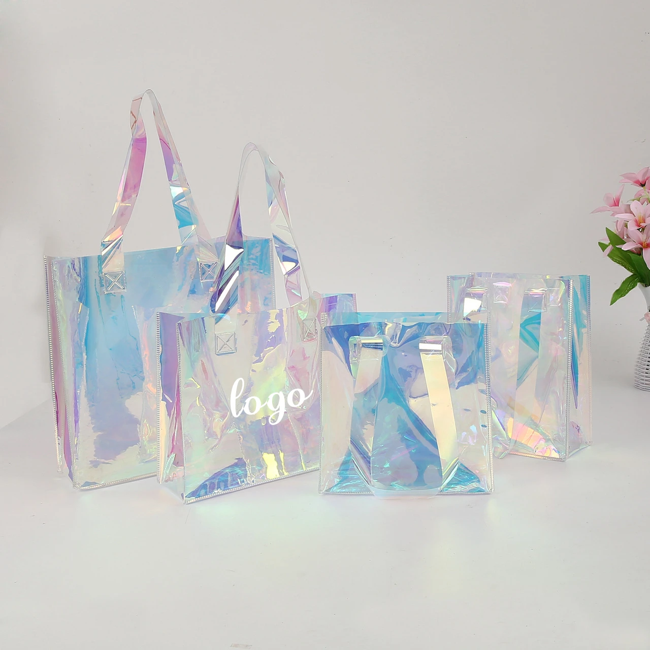 

2022 New Design Fashionable Custom Logo Laser Holographic Iridescent Waterproof Pvc Shopping Tote Bag, A/b