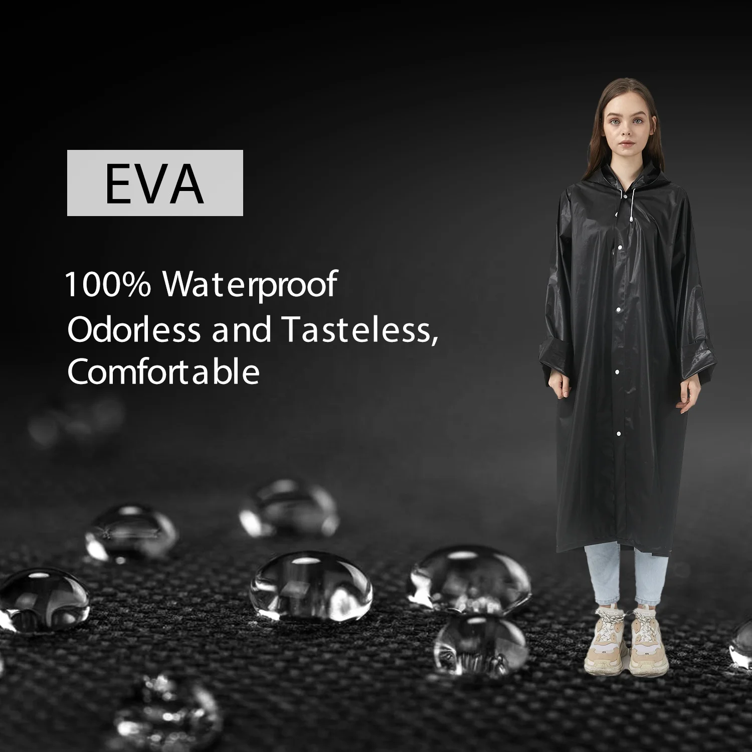 
2 pack black adult rain coat with compact drawstring bag EVA Rain Poncho for Women and Men, Reusable Raincoat 