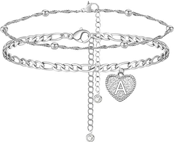 

2021 Initial Anklets Silver Plated Figaro Chain Layered Heart Letter Anklets for Teen Girls, Picture shows