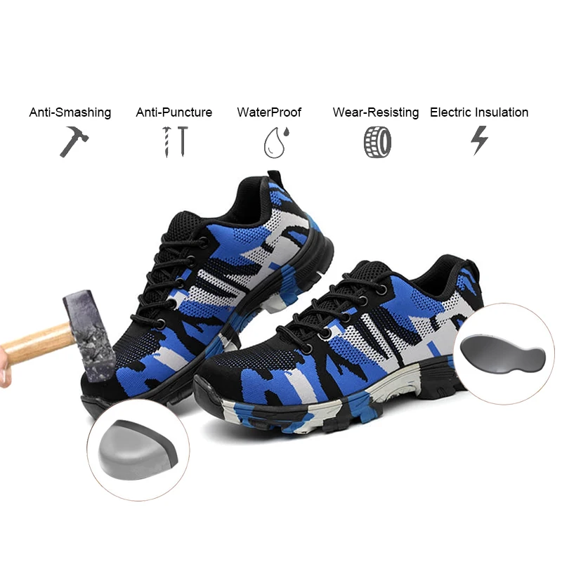 

Army Camouflage Breathable Fly knit Cloth Industrial Steel toe Carbon Fiber Insole Light Weight Men Work Safety Shoes