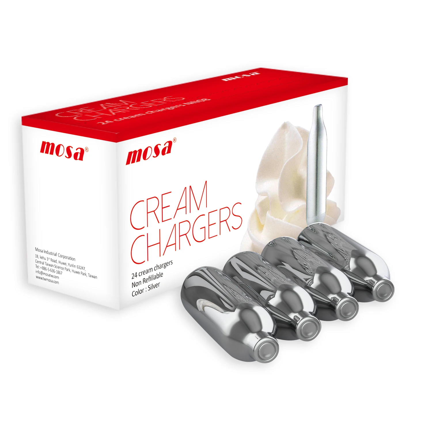 

Best selling in America mosa Cream Chargers Logo of customizable packaging box and spice Cream Chargers