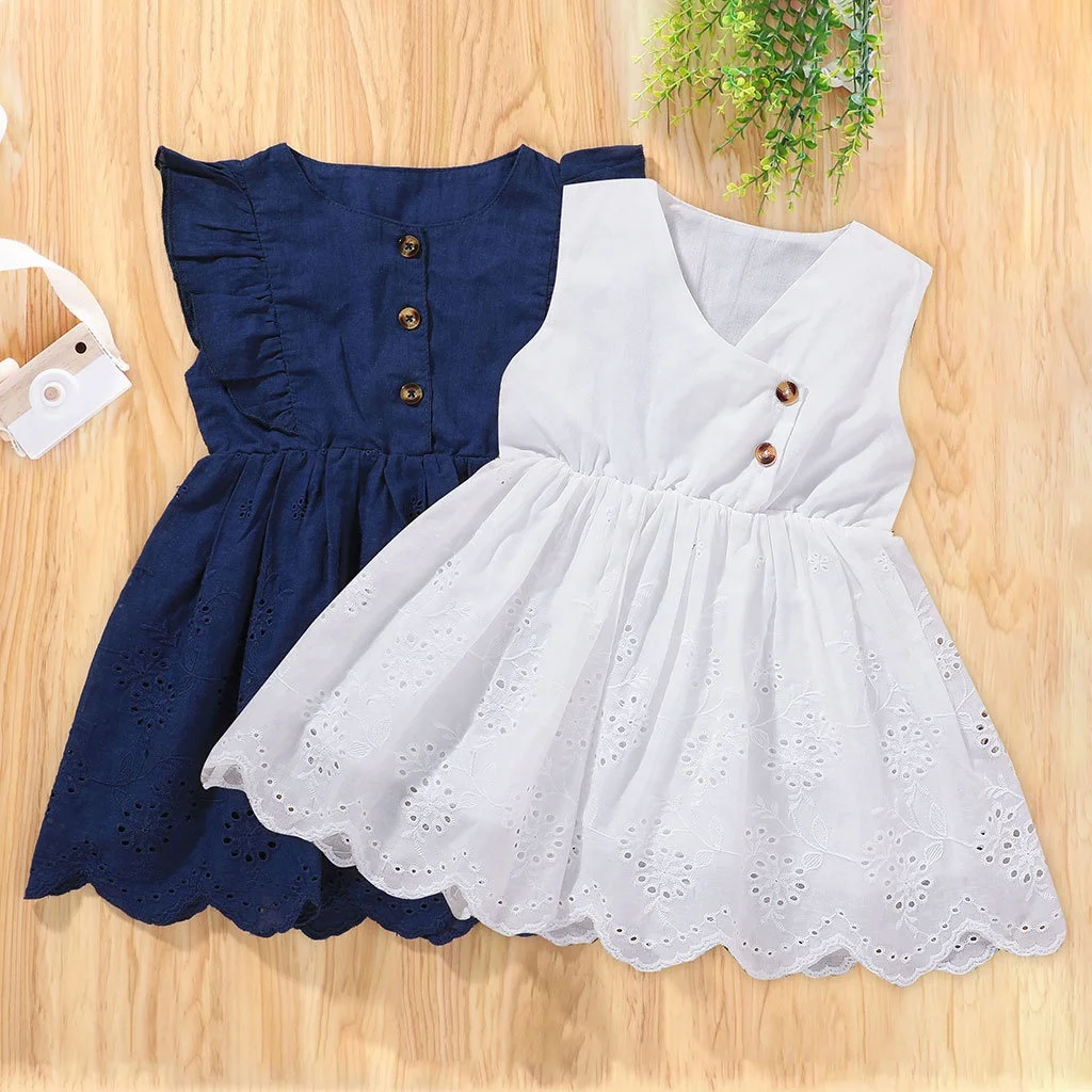 

2021 Baby Summer Clothing Infant Kids Baby Girls Solid Dress Ruffled Lace Sleeveless Sundress Casual Gown