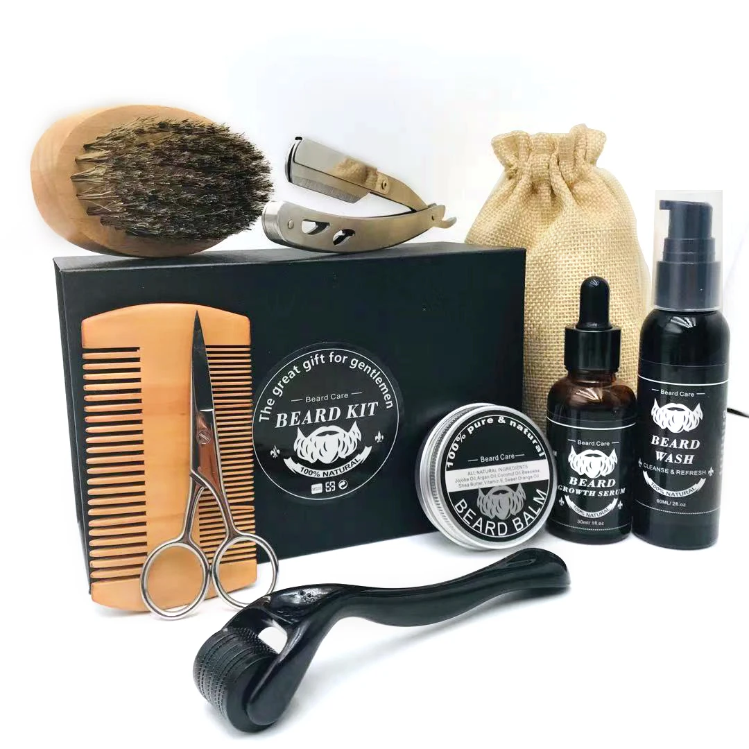 

For Men Beard Care Custom Logo Gift Set Private Label Derma Roller Beard Grooming Serum Oil Beard Growth Kit