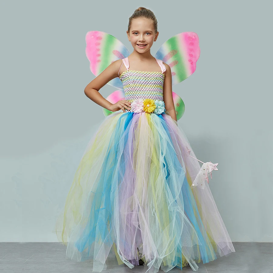 

Vestidos Ball Gown Girls Birthday Party Pageant Clothes Princess Girls Pastel Rainbow Tutu Dress with Wing and Wand