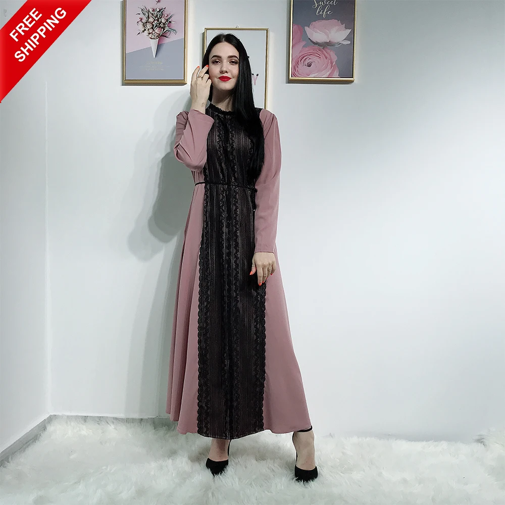 

Elegant Dresses Turkish Stitching Abaya Dubai Kimono Lace Contrast Color Drawstring For Muslim Clothing Abaya Women, Pink