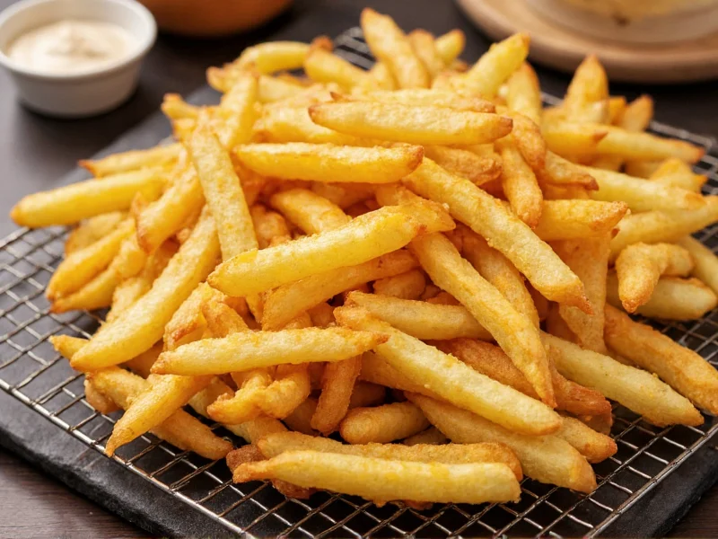 Golden crispy homemade fries on wire rack