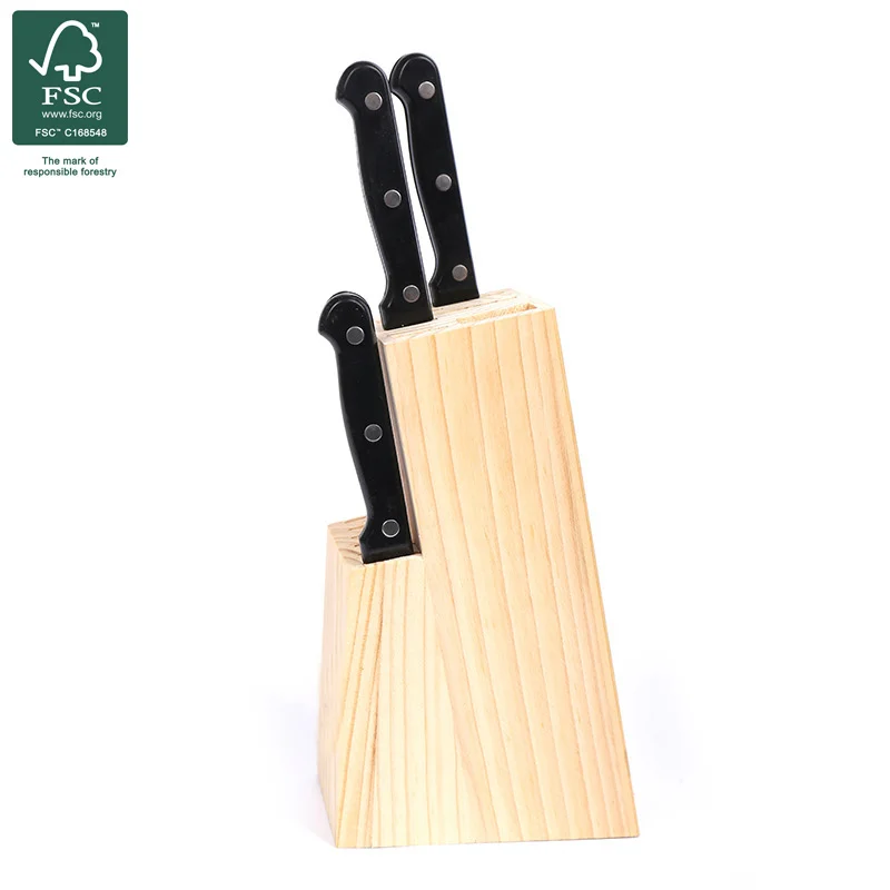 

Factory direct wooden kitchen supplies multi-functional knife holder pine wood kitchen knife holder knife block, Natural color