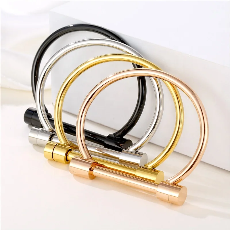 Stainless Steel 18k Gold Plated Charm Screw Cuff Horseshoe  D Punk Shackle Buckle Bracelet Bangle