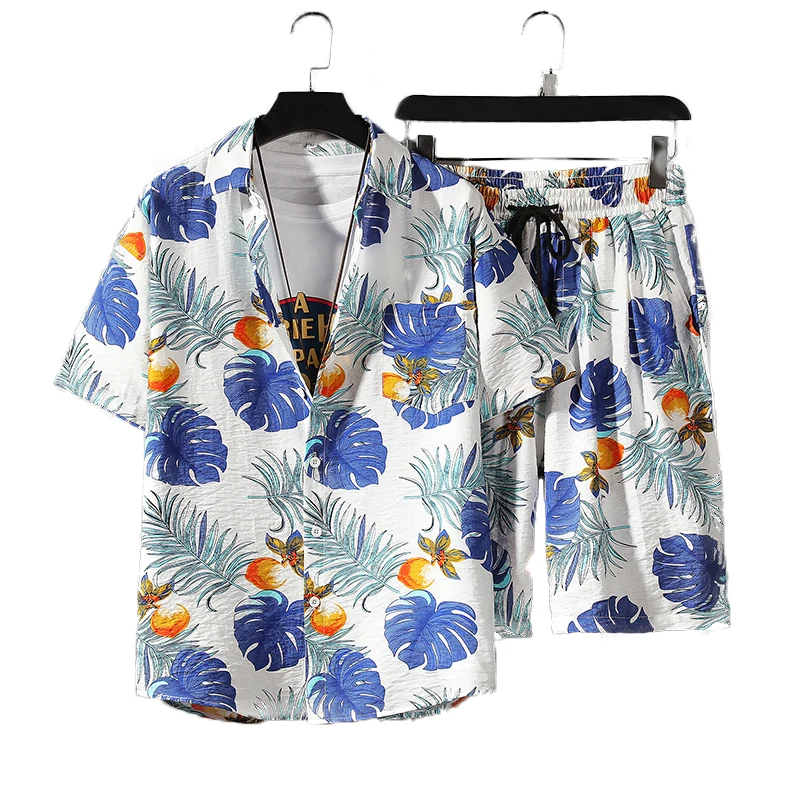 

2021 Summer new men's Short Sleeve Shirt Shorts two piece loose beach print set