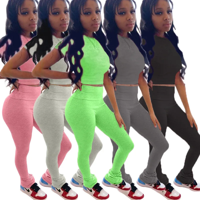 

FM-LM8142 drop shipping 2020 short shirts and long pants women solid color two piece set