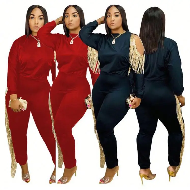A110360 wholesale price lose shoulder tassel leisure solid women 2020 two piece pants suit set