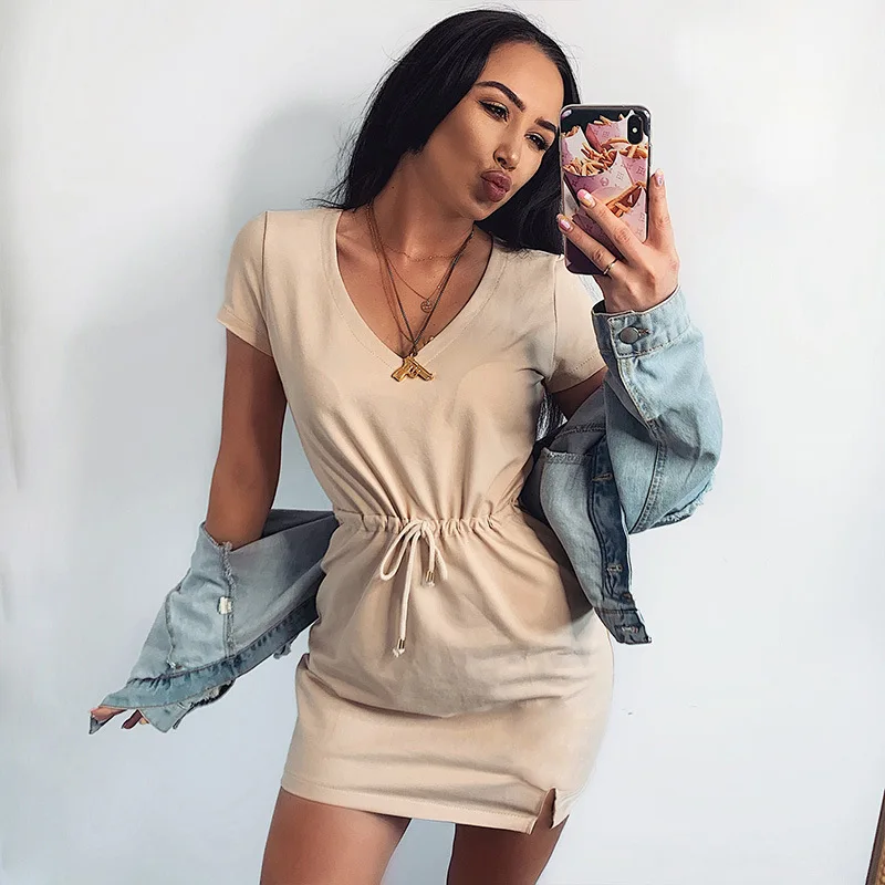 

Spring/Summer 2021 Women's Short Sleeve Skirt Sexy Split V-neck Dress with Rope Belt
