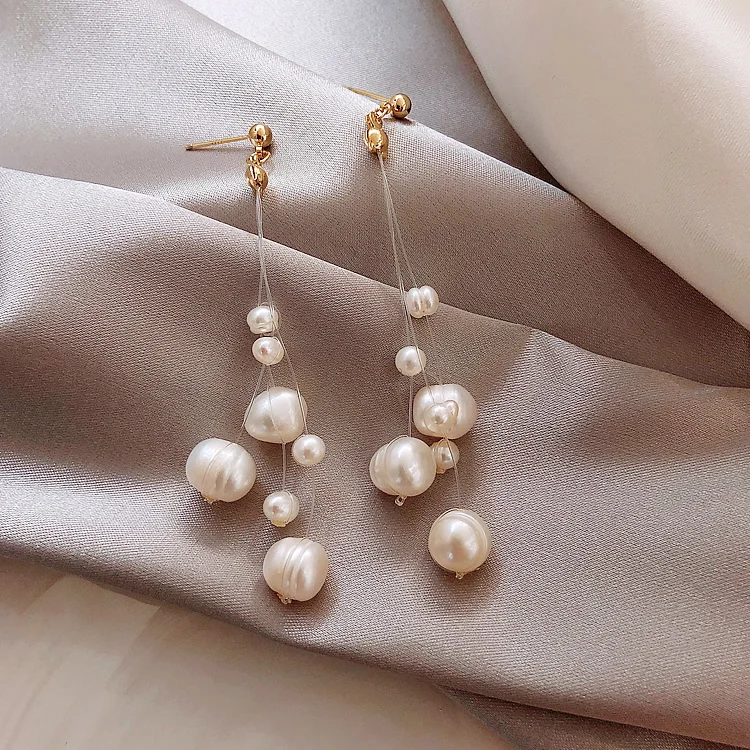 

Korea hot sale fashion jewelry handmade string freshwater pearl long fringed earrings for women