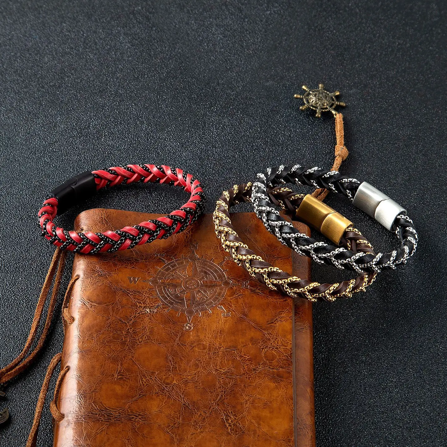 

Personalized Braided Genuine Leather Woven Bracelet Stainless Steel Chain Twist Weave Laser Logo Magnetic Buckle For Men