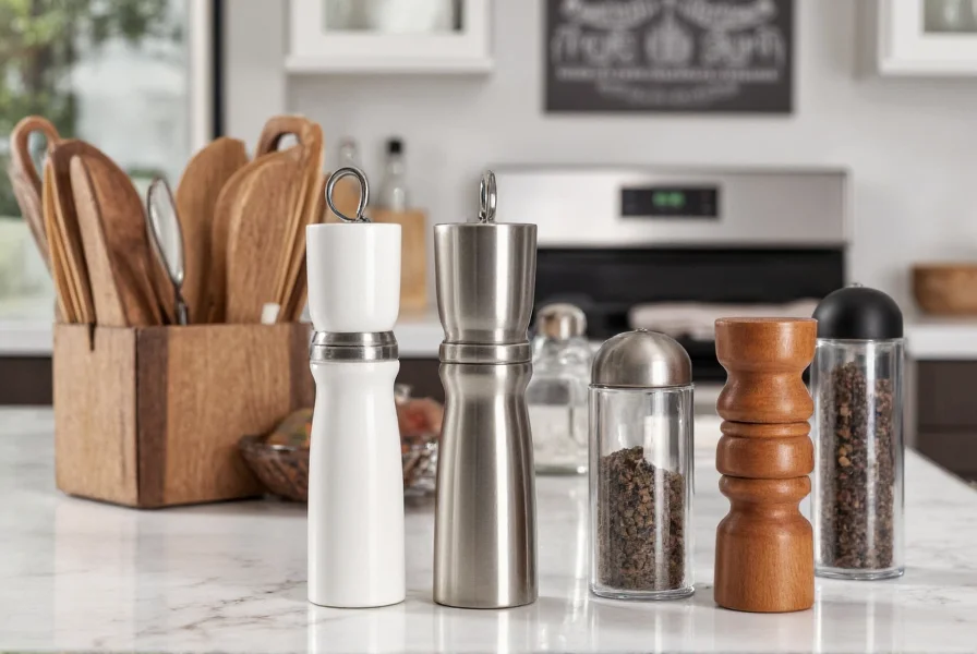 Addison Ross salt and pepper mills collection showing various materials including acrylic, wood, and metal designs on kitchen countertop