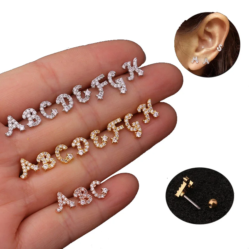 

Copper Initial Stud Earring Letter Alphabet Cartilage Huggie Earrings Ear Bone Clip Cubic Zircon Women Body Piercing Jewelry