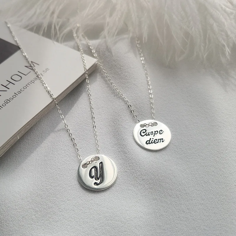 

Retro vintage Unisex Y Initial alphabet disK charm necklaces S925 sterling silver disc pendant coin necklace