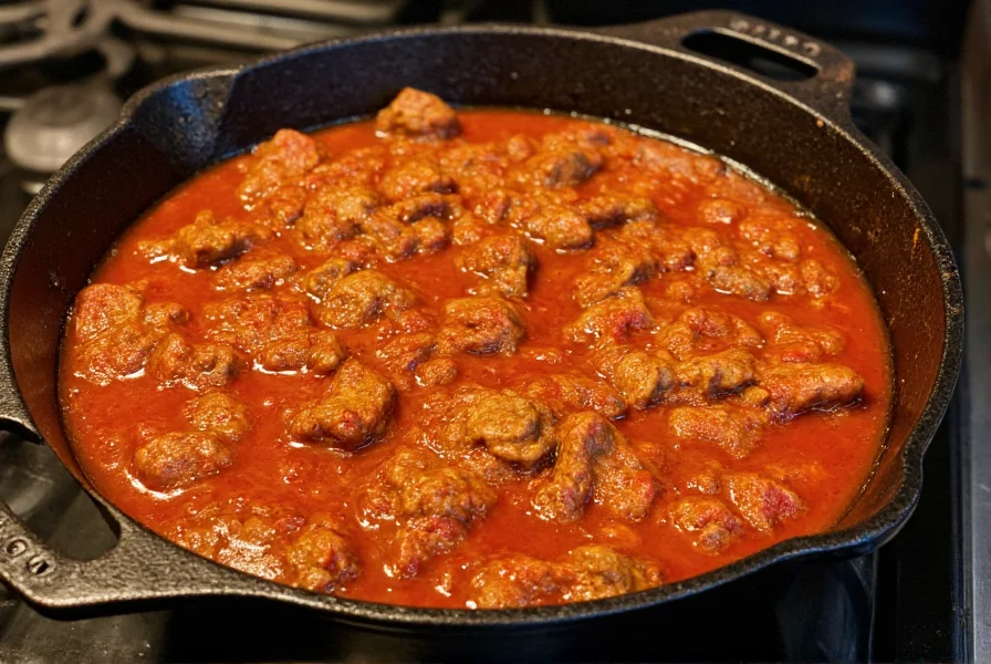 Cast iron pot with rich red chili con carne simmering on stove, showing tender beef chunks and deep reddish-brown color