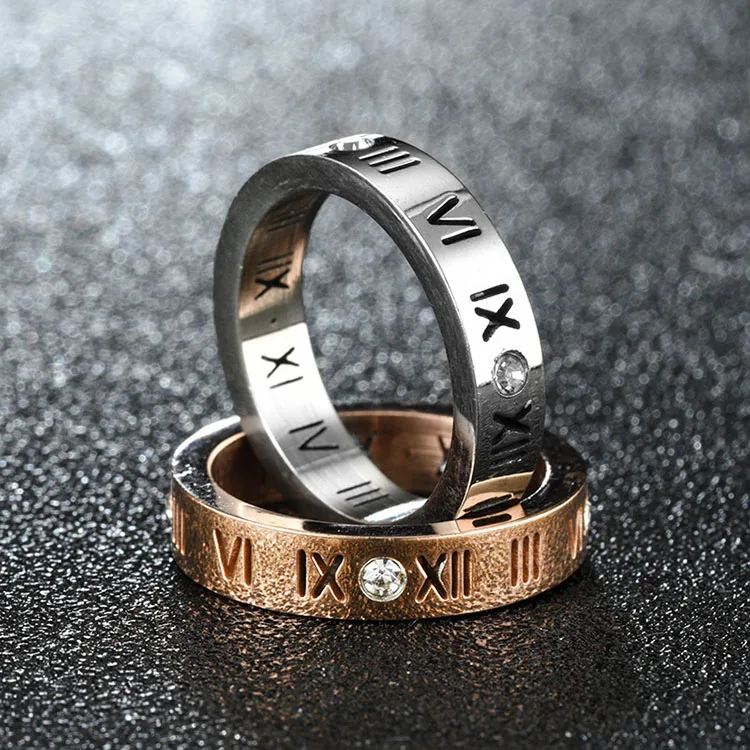 

New Design Roman Numerals Rings Titanium Stainless Steel Couple CZ Wholesale Roman Numerals Rings 18K Gold Gold