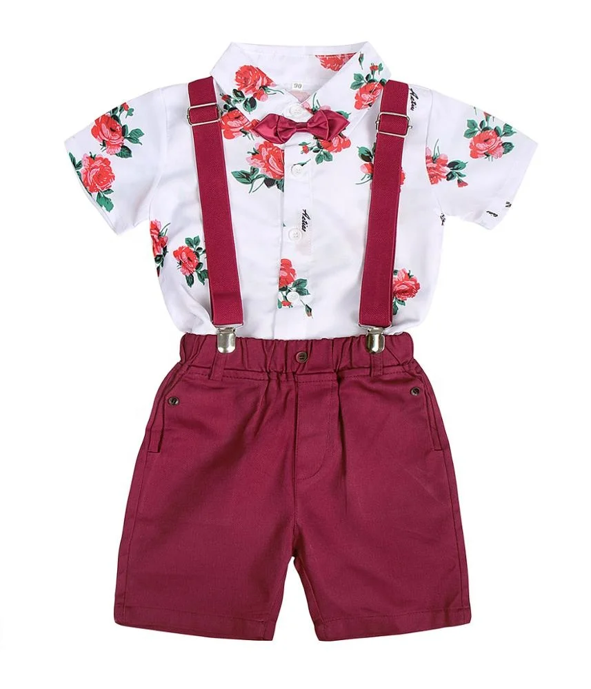 

New Summer High Quality Little Boy Clothes Print Bow Tie Shirt + Denim Shorts 2-Piece Baby Boy Gentleman Set