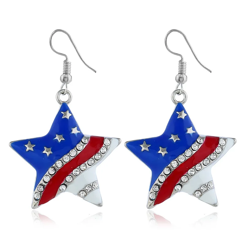 

USA Independence Day Jewelry Heart Pentagram Diamond Earrings America Flag Items, As picture