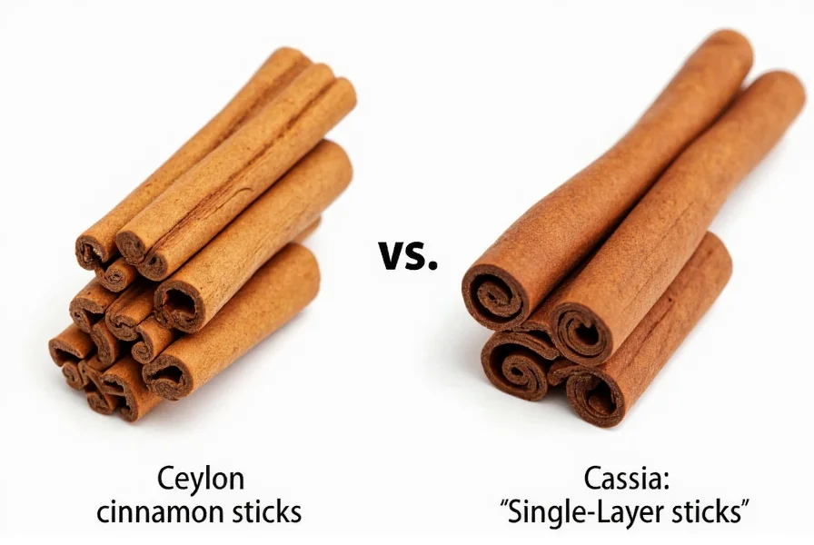 Side-by-side comparison of Ceylon cinnamon sticks showing delicate layered structure versus Cassia's thick single-layer sticks