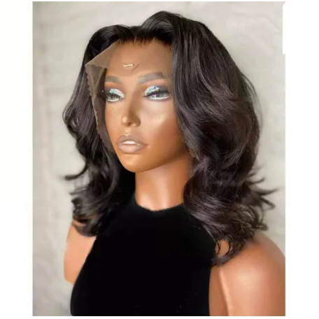 

Natural Black Color Virgin Hair Big Wave 200% Density Bob Wigs Human Hair Lace Front For Black Women