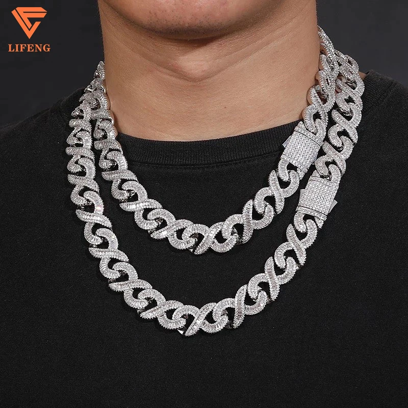 

925 Silver Hiphop Men Bling Iced Out 14MM Cuban Chain Necklace VVS Moissanite Baguette Diamond Infinite Cuban Link Necklace
