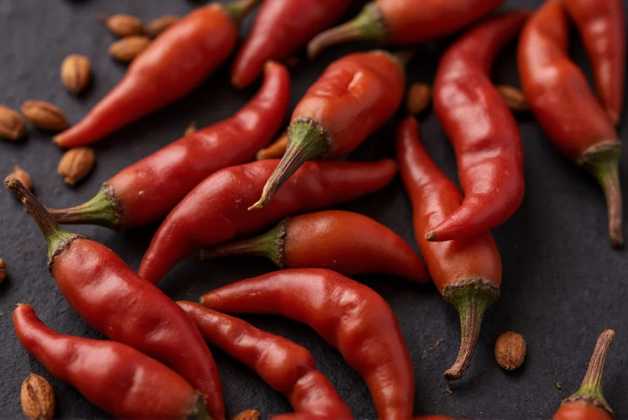 Close-up of Calabrian chili seeds on dark background showing their distinctive reddish-brown color and tapered shape