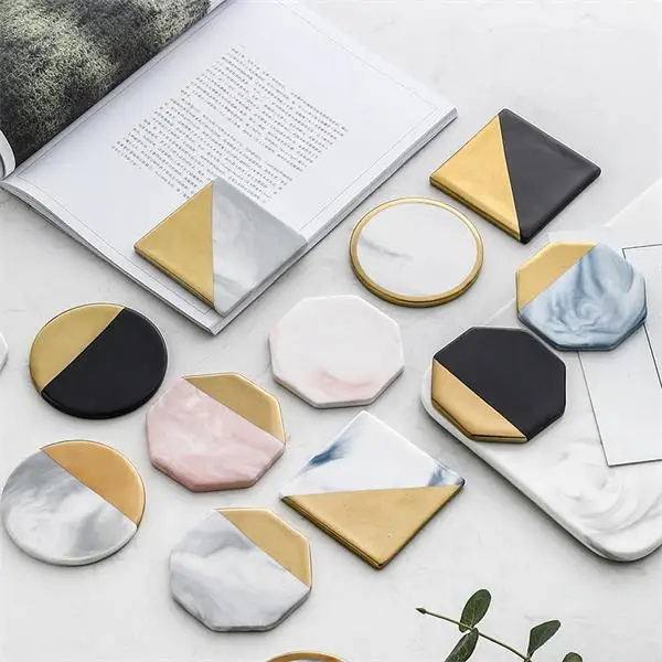

Nordic style marbled gold-plated ceramic coaster multi-shaped & multi-colored tea cup mat with cork bottom, Black,blue,pink,dark green