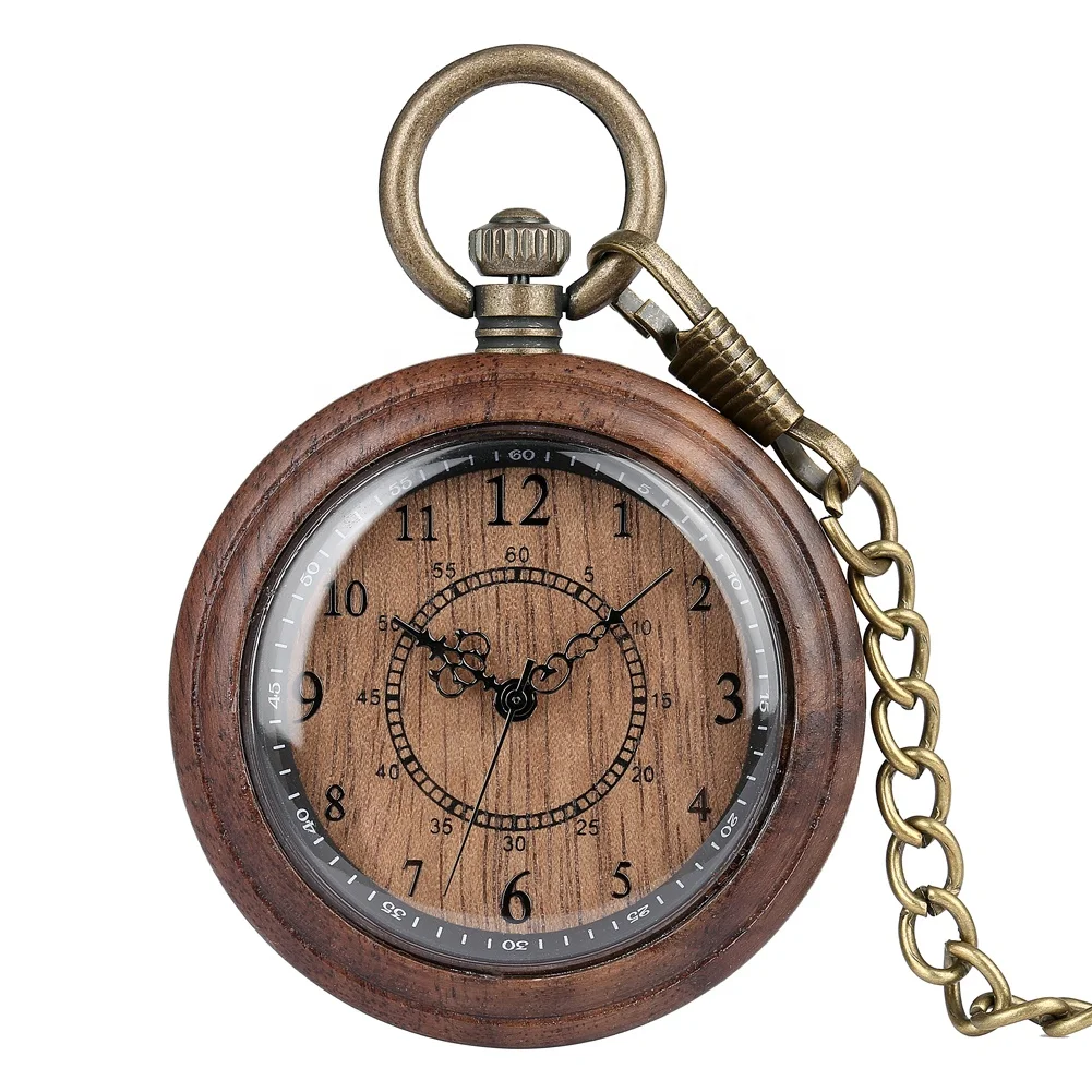 

Handmade Vintage Antique Wood Spirit Pocket watches Quartz Custom OEM Wooden Pocket Watch