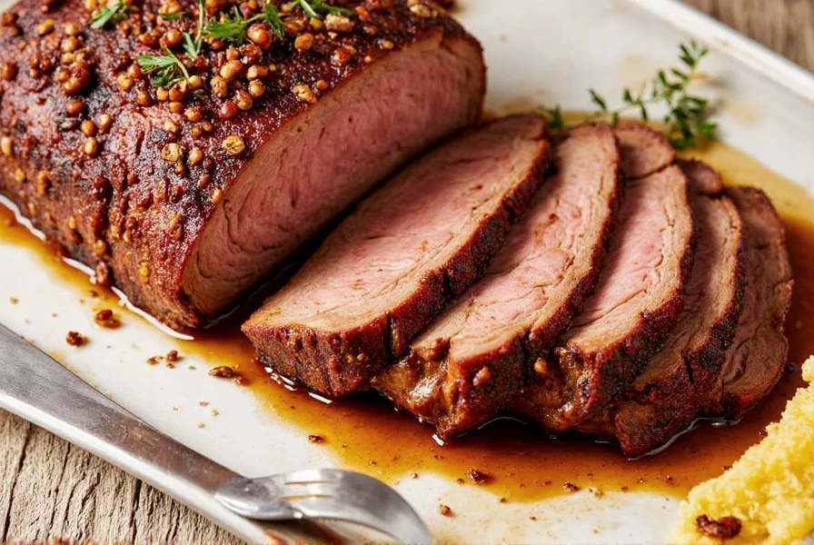 Sliced beef brisket served on a platter with sides