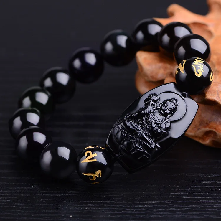 

Natural Stone Black Obsidian Engraving Amulet Zodiac Charm Beads Bracelets, Black color